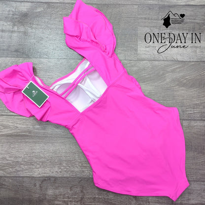 Eomenie Ruffle Shoulder One Piece Swimsuit Size S
