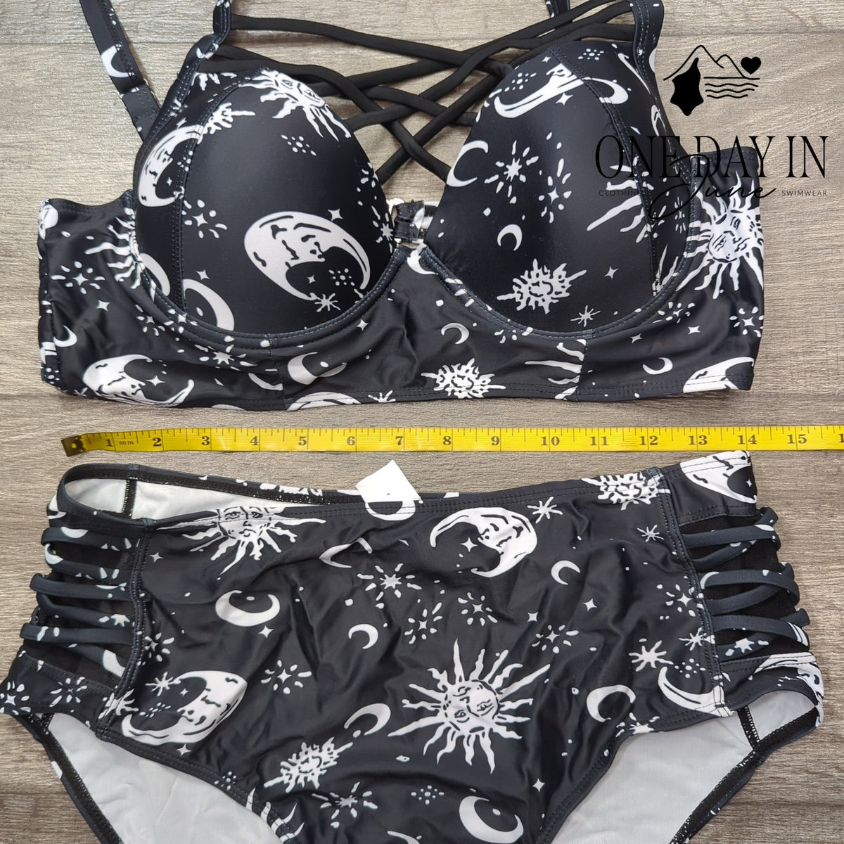 Aleumdr Celestial Print Cage Front High Waist Bikini Black White Size XL