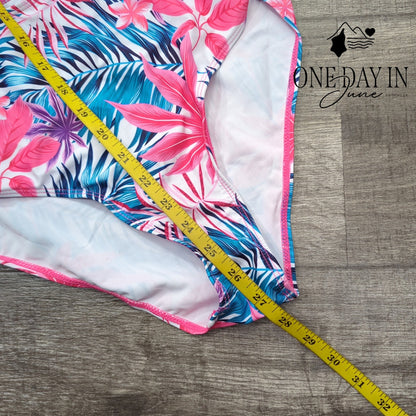 Adisputent Tropical Floral Cross Front Cutout One Piece Swimsuit Pink Size L
