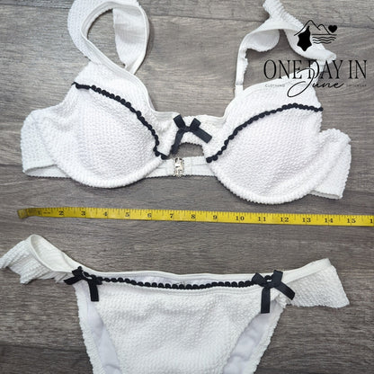 CharmLeaks Smocked Underwire Ruffle Bow Bikini Swimsuit White Black Size L