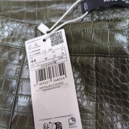 MNG Mango Cassie Faux Croc Leather Straight Leg Pants Olive Green NWT Size 12