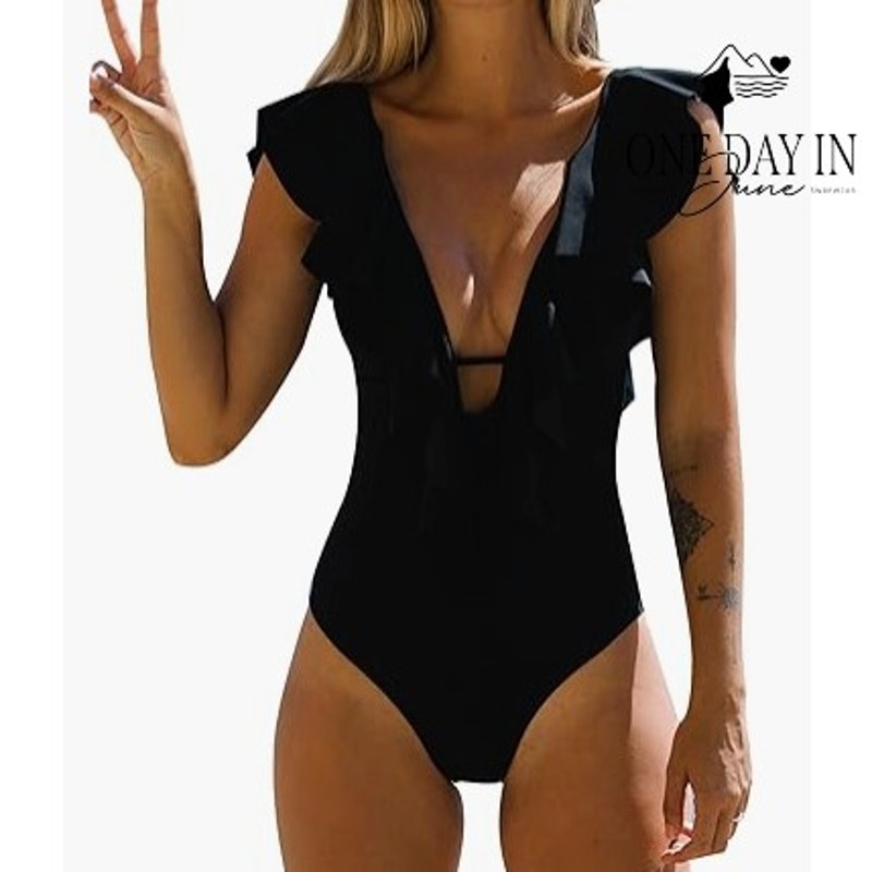 Sporlike Womens Ruffle Shoulder Deep V One Piece Swimsuit Black NWT Size M