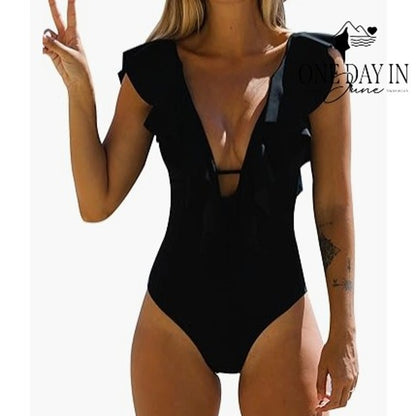 Sporlike Womens Ruffle Shoulder Deep V One Piece Swimsuit Black NWT Size M