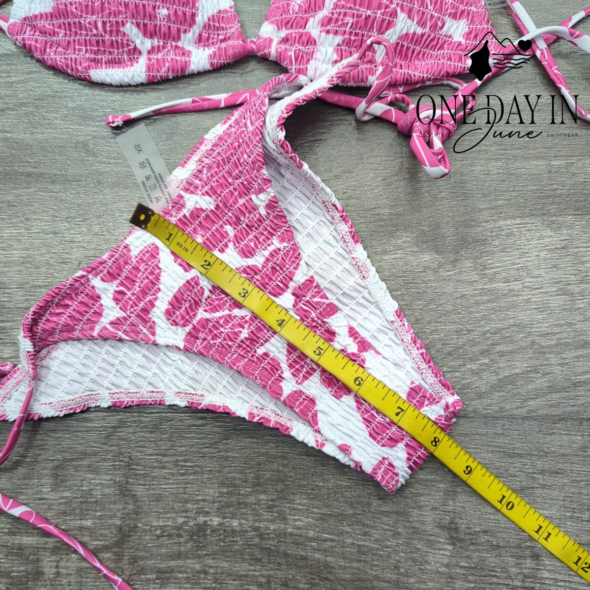CharmLeaks Smocked Triangle Bikini Swimsuit Pink White Tie Side Size XS