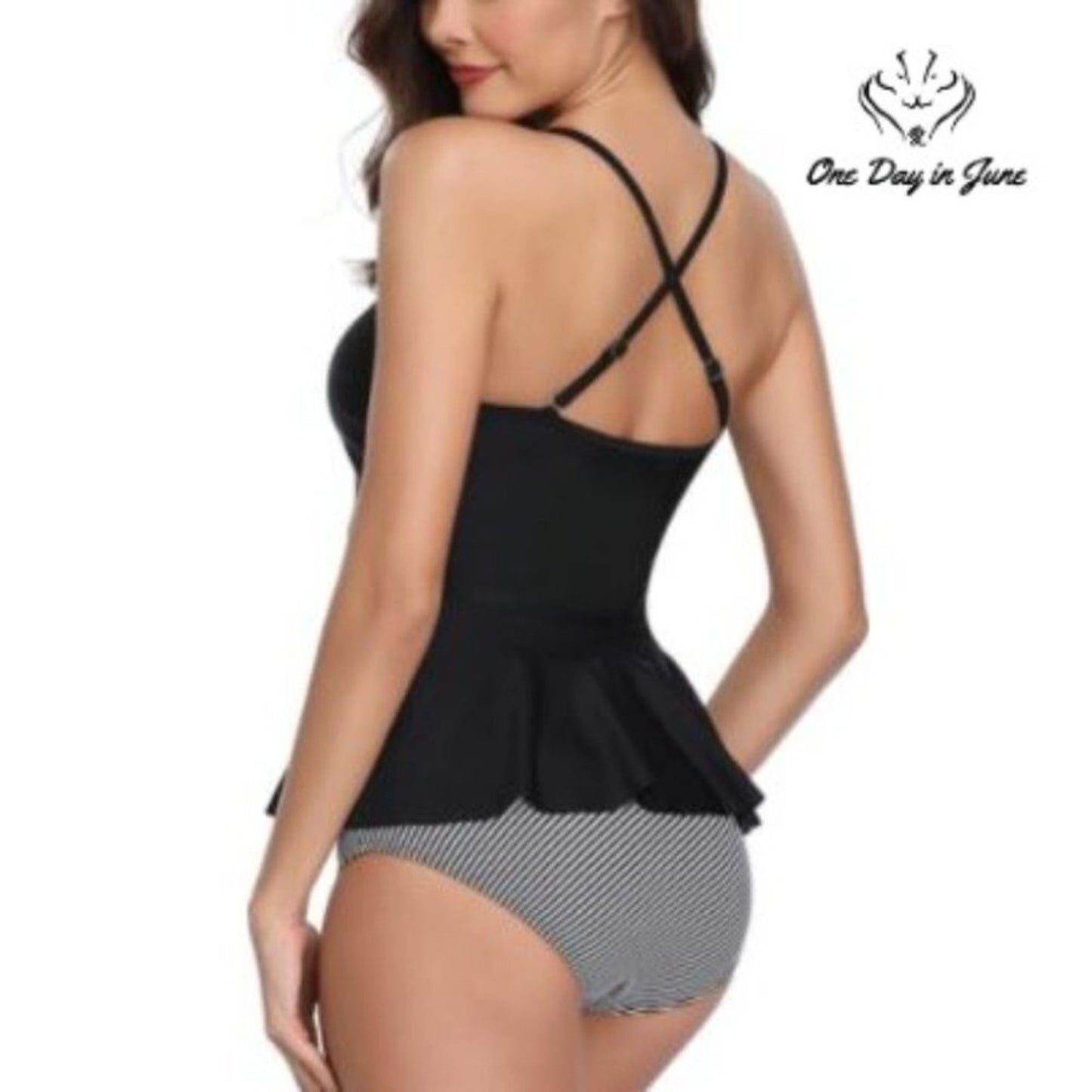 Marinavida Ruffle Peplum High Waist Bikini Swimsuit Black Stripe NWT Size S