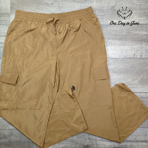 Noisy May Droplets Waterproof Cargo Rain Pants Camel Brown Drawstring Size XL