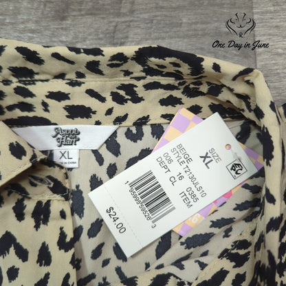 Ascot and Hart Leopard Animal Print Button Down Blouse Beige NWT Size XL