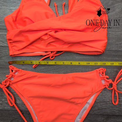 CharmLeaks Twist Front Bikini Swimsuit Neon Orange Tie Side 2 Piece Size S