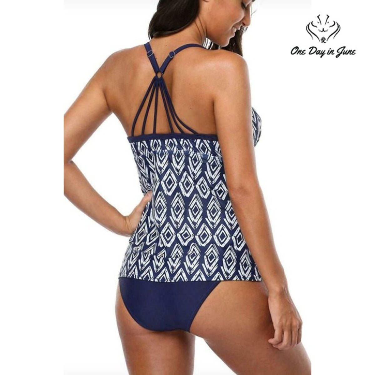Sociala Cross Back Tankini Swimsuit Navy Blue Geometric 2 Piece NWT Size XXL
