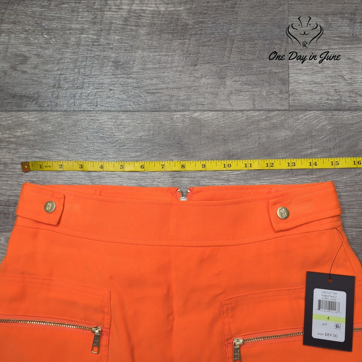 DKNY Orange Mini Skirt Gold Zip Pockets NWT Size 4