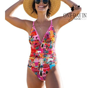Sporlike Womens Tummy Control One Piece Swimsuit Colorful Print Pink Size M