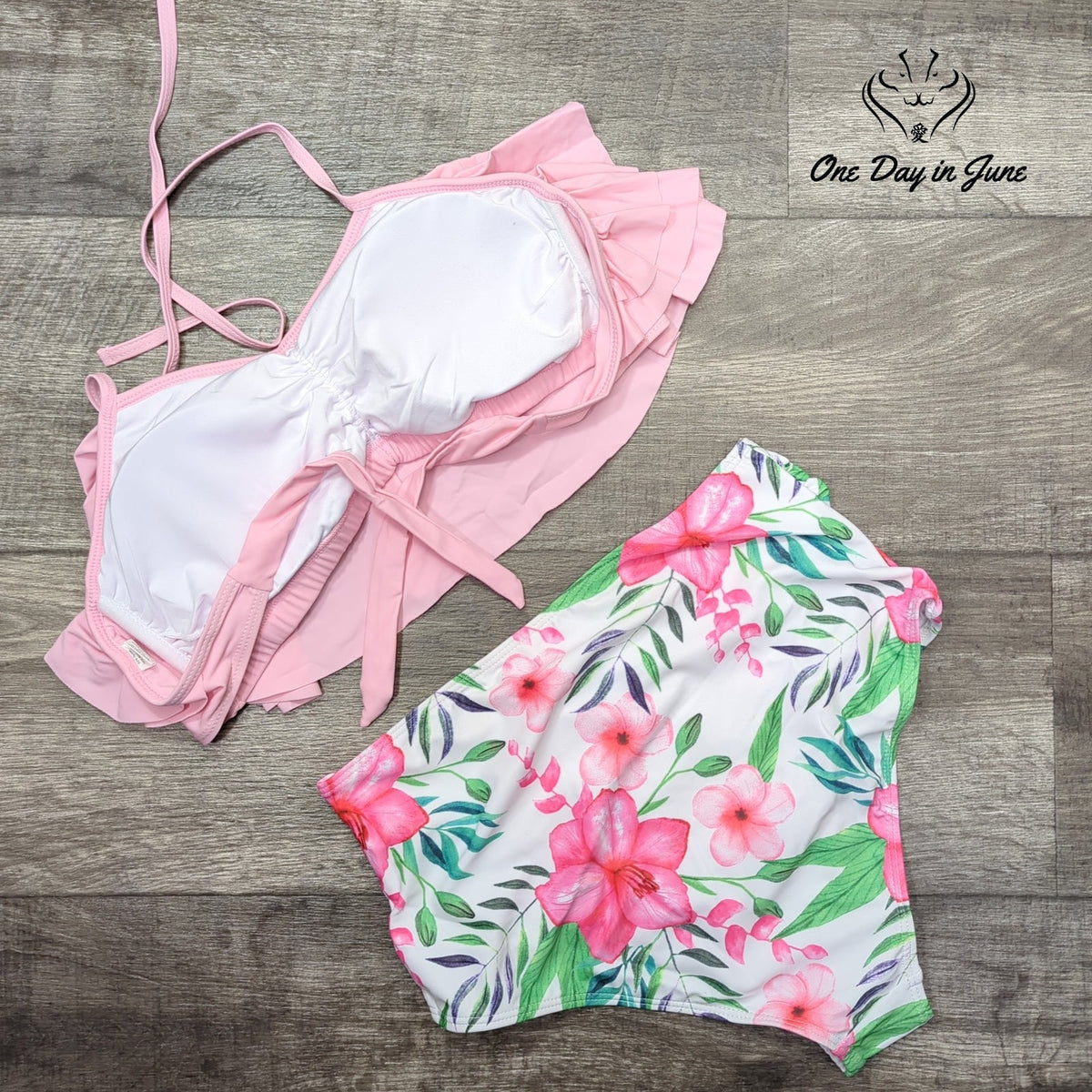 ODIJ Ruffle Halter Tie Back High Waisted Bikini Pink Floral Size M