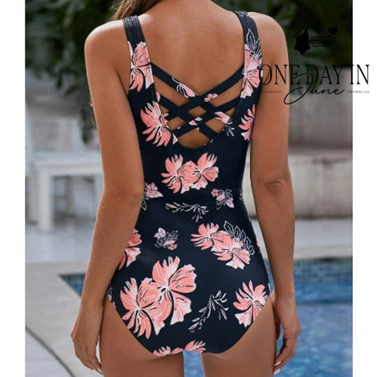 Zando Cross Back One Piece Swimsuit Black Pink Floral Size 2XL
