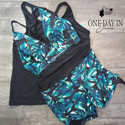 Yonique Boyshort Cage Back 3 Piece Bikini Swimsuit Size L