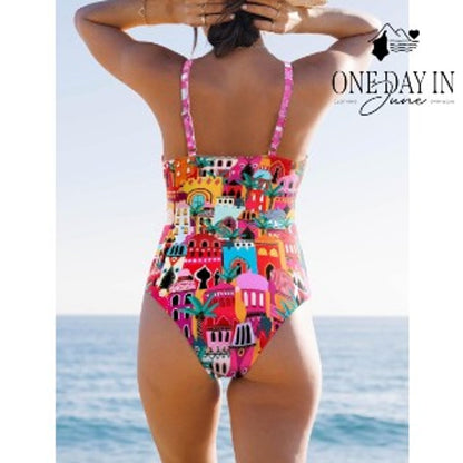 Sporlike Womens Tummy Control One Piece Swimsuit Colorful Print Pink Size M