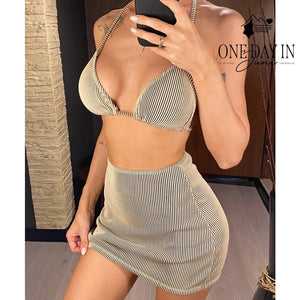 CharmLeaks Triangle 3 Piece Bikini Swimsuit Skirt Black White Size XL