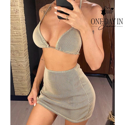 CharmLeaks Triangle 3 Piece Bikini Swimsuit Skirt Black White Size XL