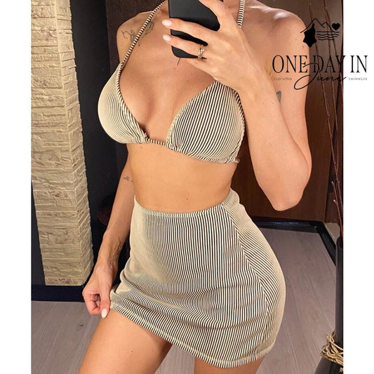 CharmLeaks Triangle 3 Piece Bikini Swimsuit Skirt Black White Size XL