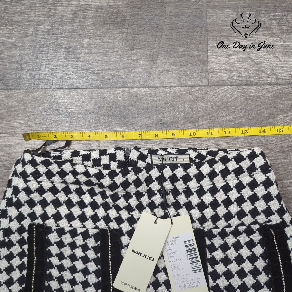MIUCO Houndstooth Tweed Mini Skort Rhinestone Pocket Black White NWT Size L