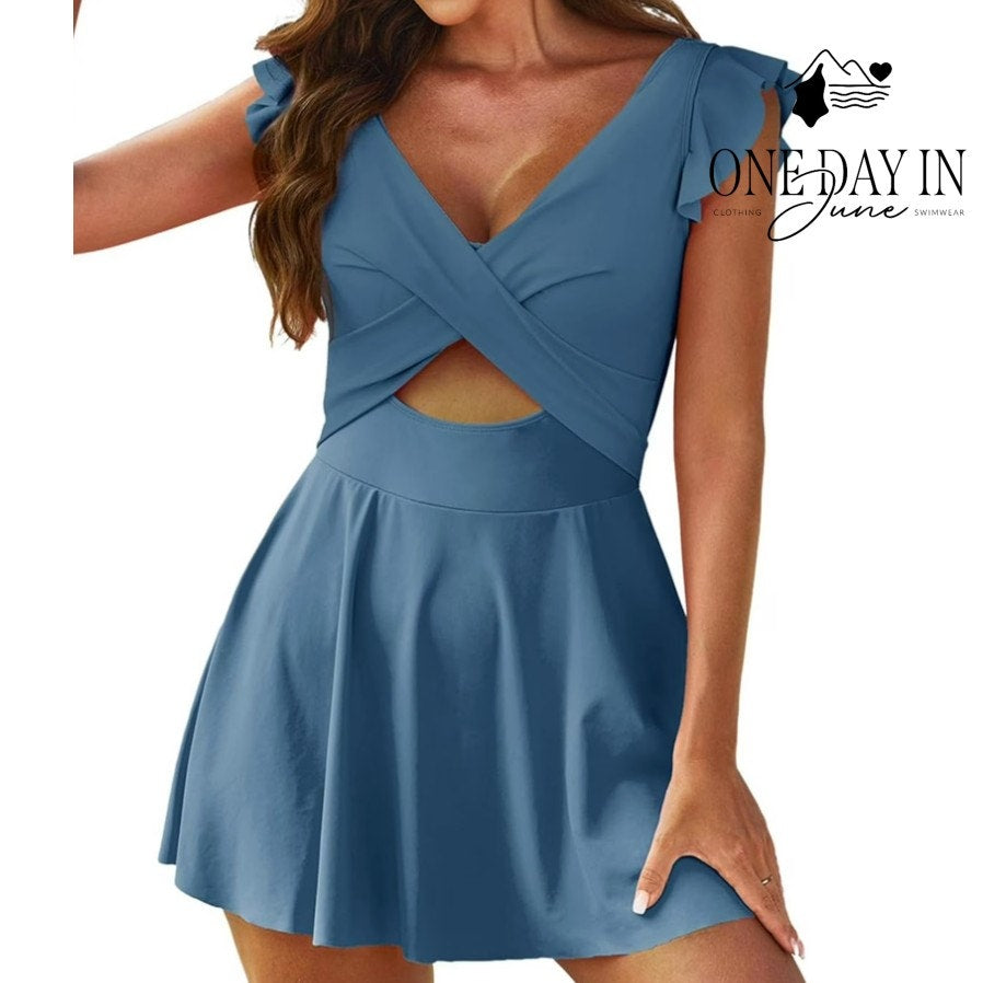 CharmLeaks Cross Front Cut Out Ruffle Swimdress One Piece Swimsuit Size XL