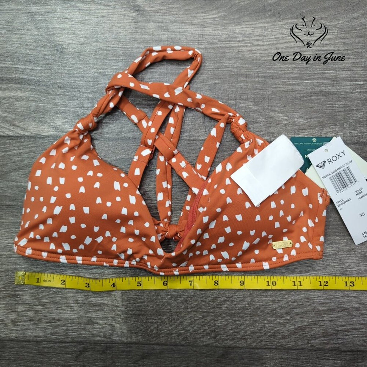 Roxy Tropical Oasis Knotted Triangle Bikini Top Ginger Spice New Dot NWT Size XS