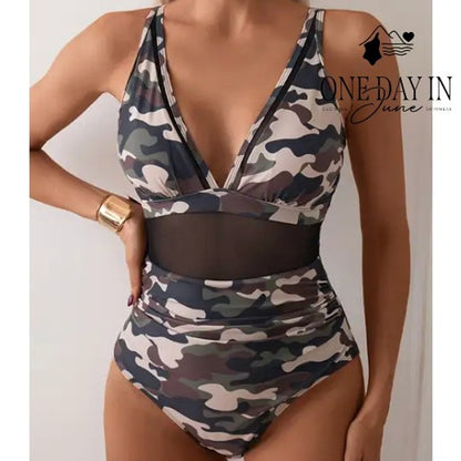 Adisputent Camo Mesh Cutout One Piece Swimsuit Plunge Neck Ruched Size L