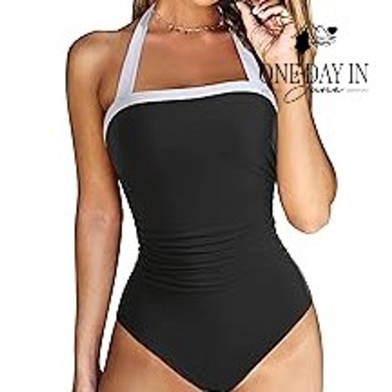 Suuksess Retro Halter Tummy Control One Piece Swimsuit Black White Size L