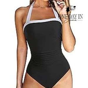 Suuksess Retro Halter Tummy Control One Piece Swimsuit Black White Size L