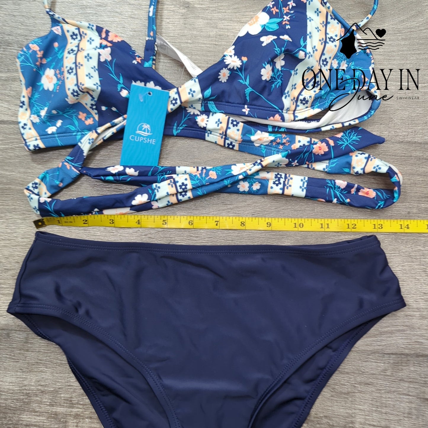 Cupshe Cross Front Wrap Bikini Navy Floral High Waist 2 Piece NWT Size S