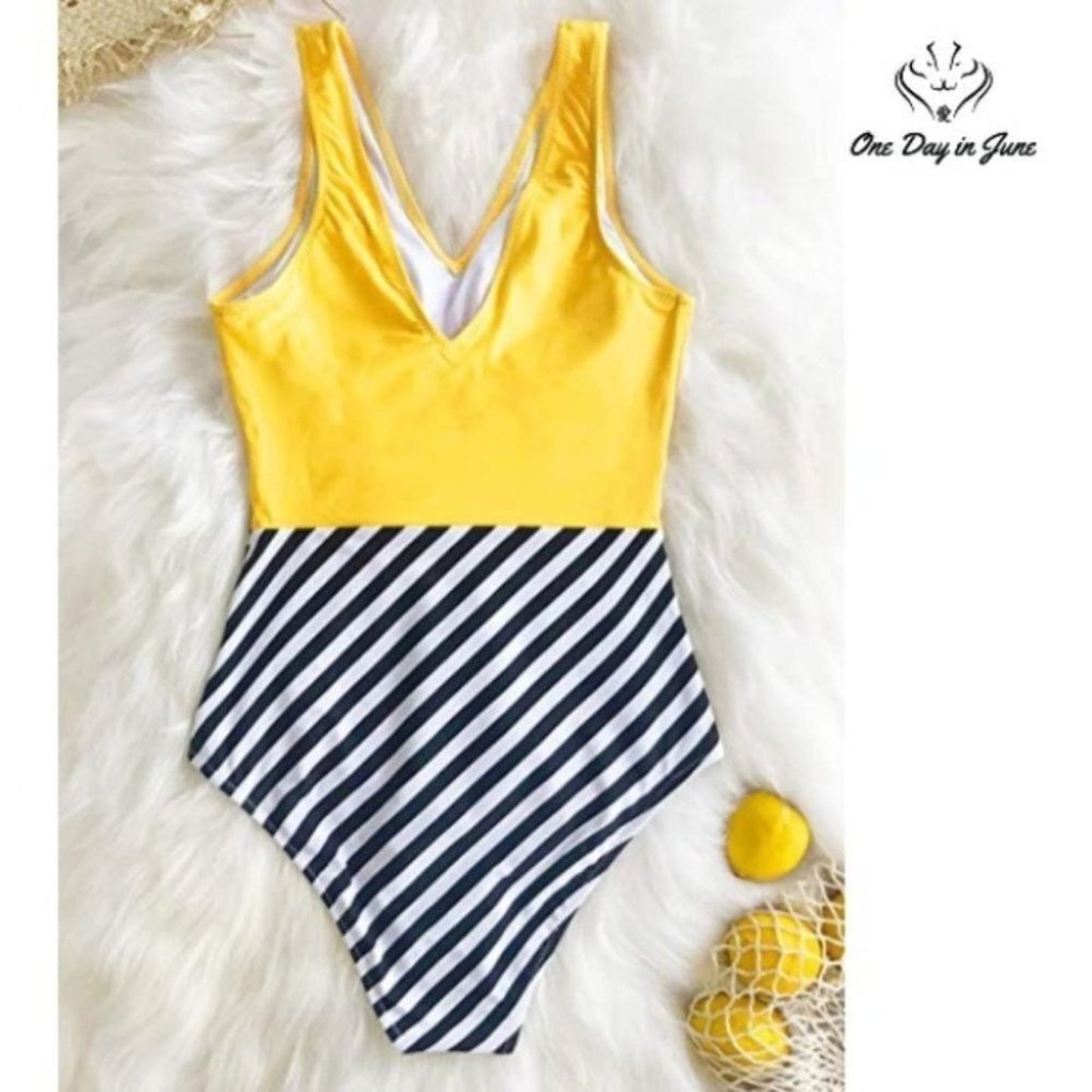Cupshe Yellow V Neck and Striped Bottom One Piece Size XS