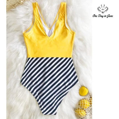 Cupshe Yellow V Neck and Striped Bottom One Piece Size XS