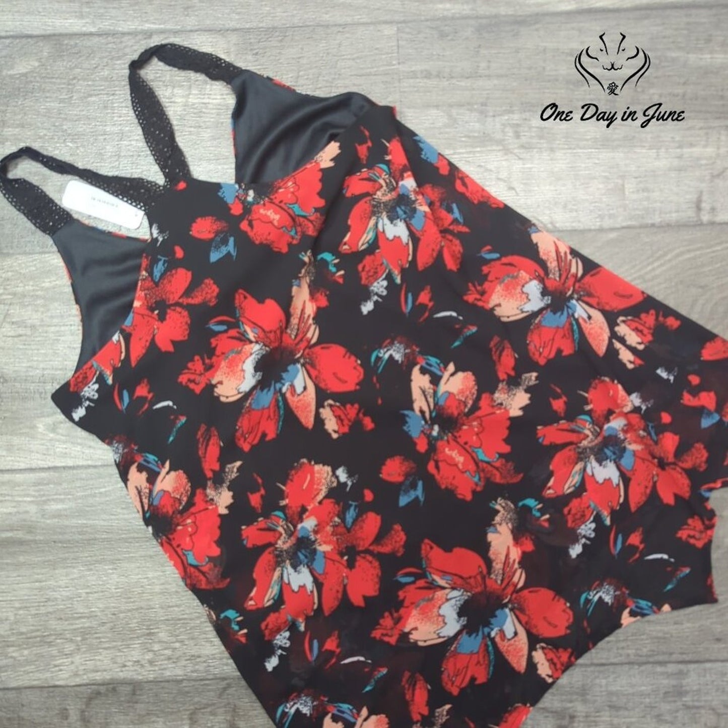 Chasing Charlie Racerback Tank Top Black Orange Floral Lace Strap NWT Size S