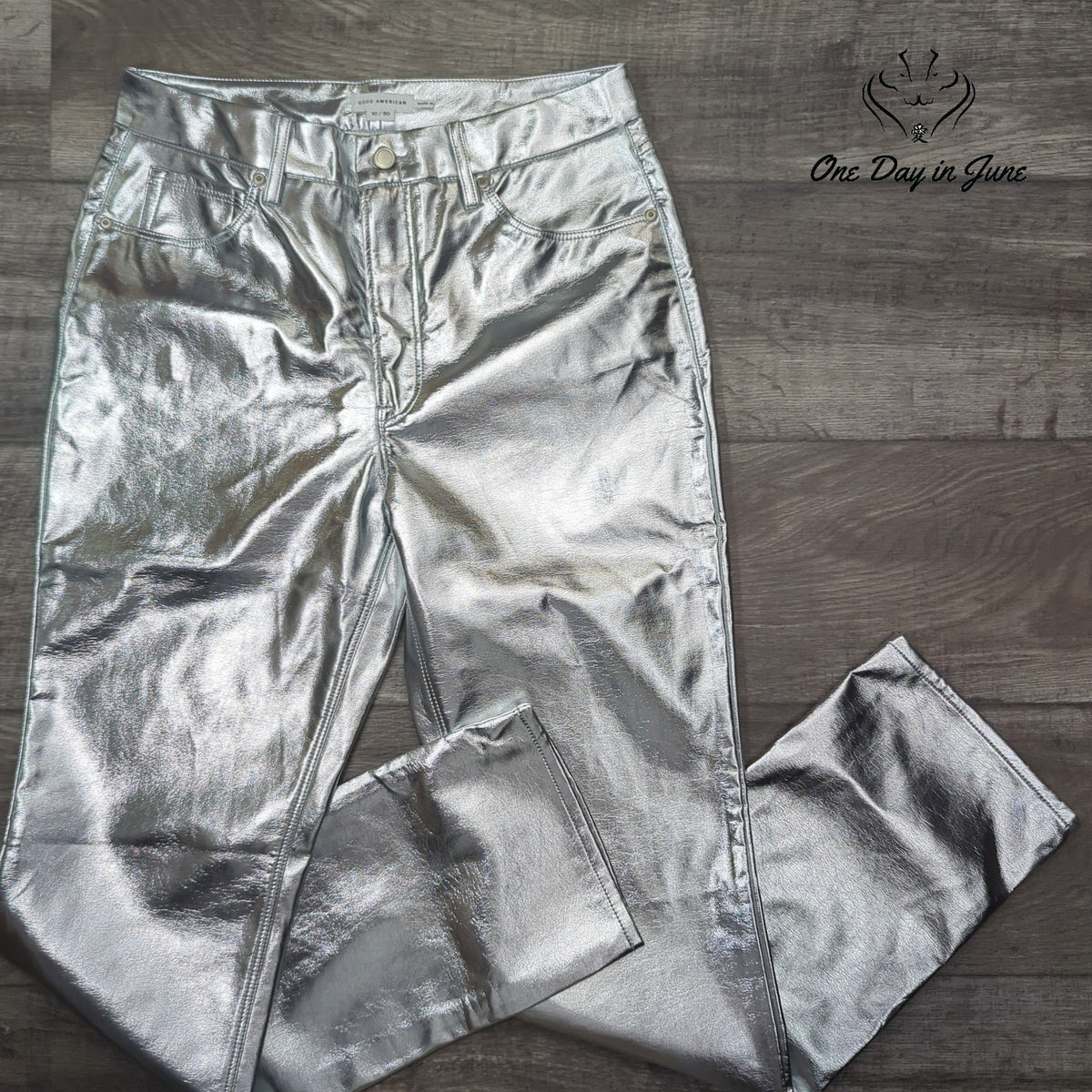 Good American Good Icon Metallic Faux Leather Pants Silver Size 10