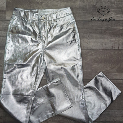 Good American Good Icon Metallic Faux Leather Pants Silver Size 10