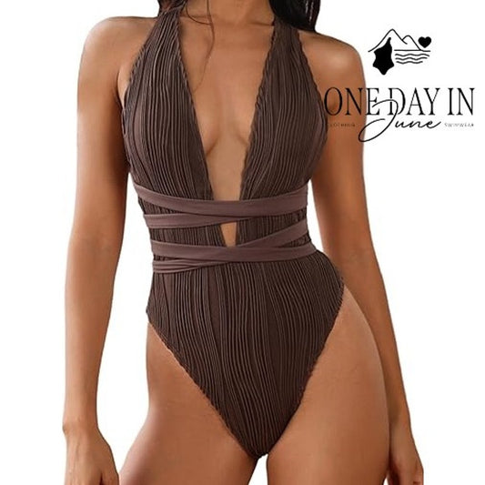 Zaful Deep V Tie Wrap One Piece Swimsuit Size M