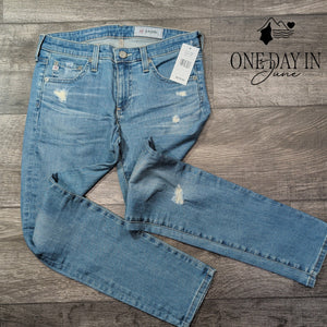 AG Adriano Goldschmied The Stilt Crop Cigarette Jeans Distressed Blue NWT Size 4