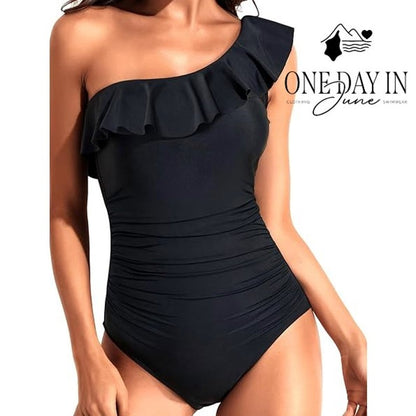 Tempt Me One Shoulder Ruffle One Piece Swimsuit Black Ruched NWT Size XL