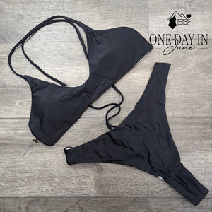 Aleumdr Black Thong Bikini Swimsuit Strappy Bralette Two Piece Size L