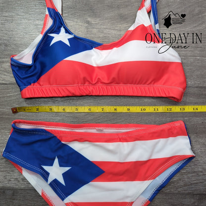 Adisputent Puerto Rico Flag Crop Top Bikini Swimsuit Red White Blue Size S