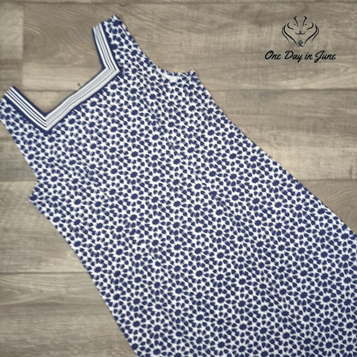 Talbots Petite Sleeveless Geometric Print Square Neck Dress Navy NWT Size PL