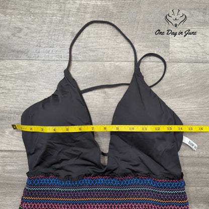 Bar III Smocking Solids Plunge One Piece Swimsuit Black Rainbow NWT Size L