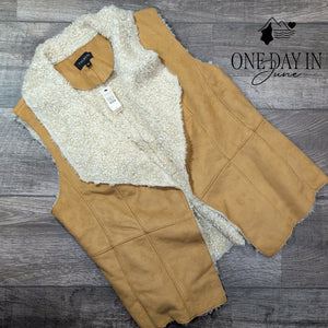 Talbots Faux Suede Faux Shearling Fur Vest Camel Ivory NWT Size L