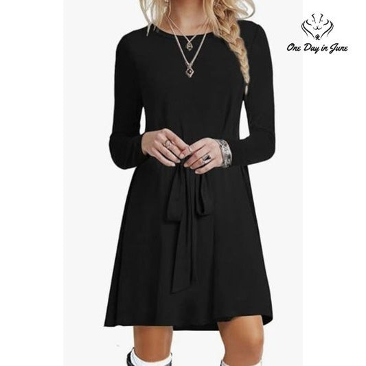 Popyoung Long Sleeve Tie Waist Casual Swing Dress Size XL