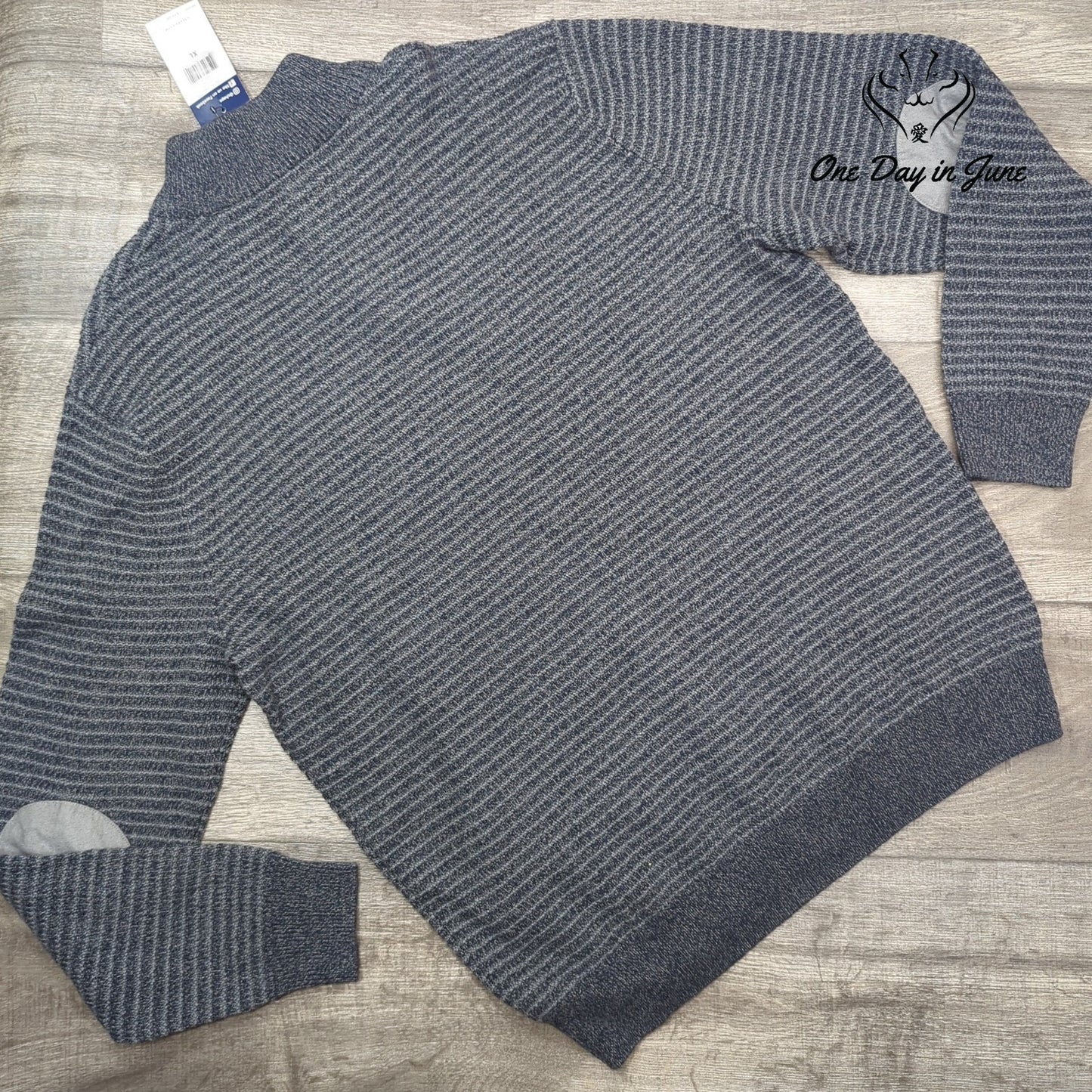 Chaps Button Mock Neck Stripe Sweater Charcoal Gray Elbow Patch NWT $70 Size XL