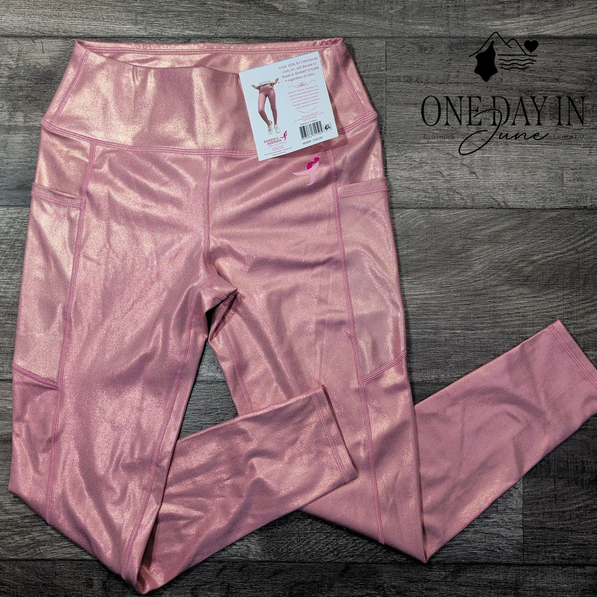 Susan G. Komen Earth Yoga Metallic Pink High Rise Pocket Leggings NWT Size XL
