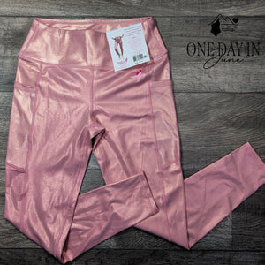 Susan G. Komen Earth Yoga Metallic Pink High Rise Pocket Leggings NWT Size XL