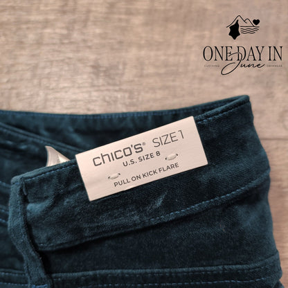Chico's Pull On Kick Flare Pants Teal Velvet Velour NWT Size Chico's 1 (8)