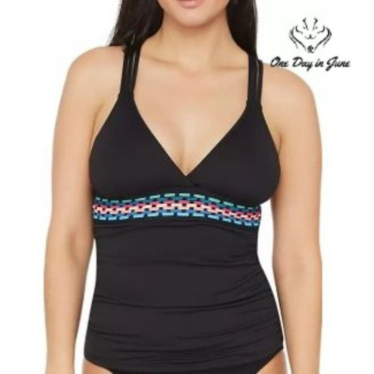 La Blanca Macrame Halterkini Tankini Swim Top Black NWT Size 16
