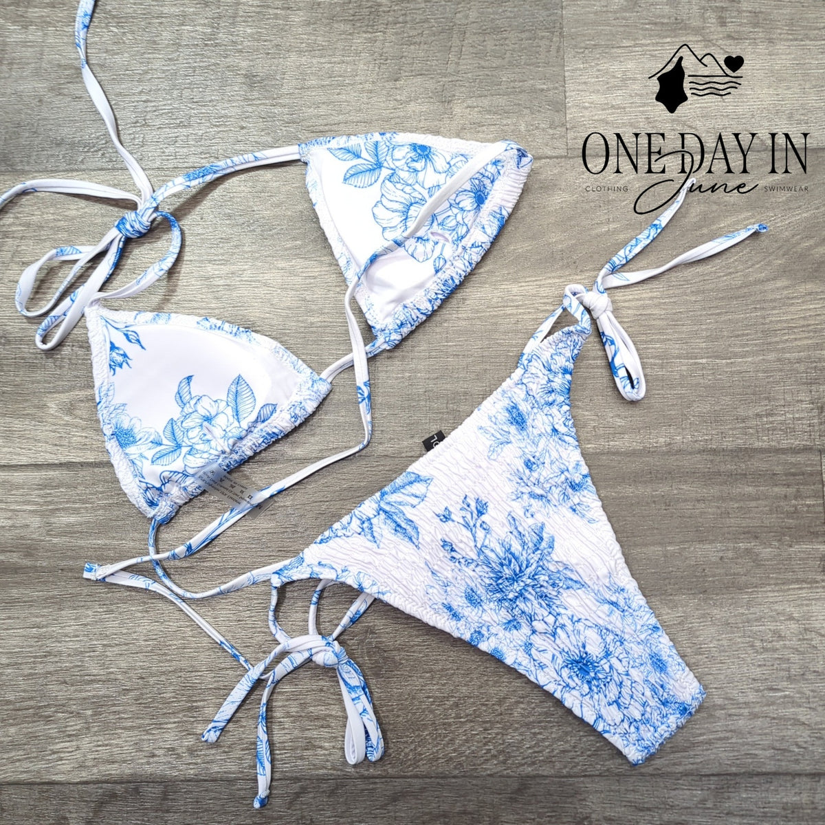 Volafa Smocked Triangle Tie Side Cheeky Bikini Swimsuit Blue White Size M