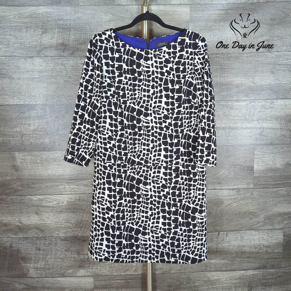 Tahari Arthur S Levine Long Sleeve Mini Dress Black White Print Size 6